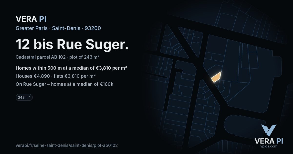 12 bis Rue Suger, Saint-Denis at night – the plot lit, the parcels around coloured by the prices near them
