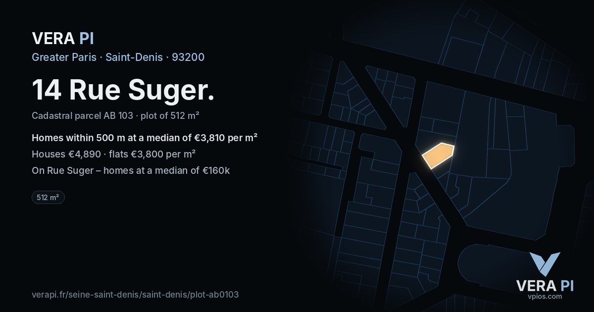 14 Rue Suger, Saint-Denis at night – the plot lit, the parcels around coloured by the prices near them