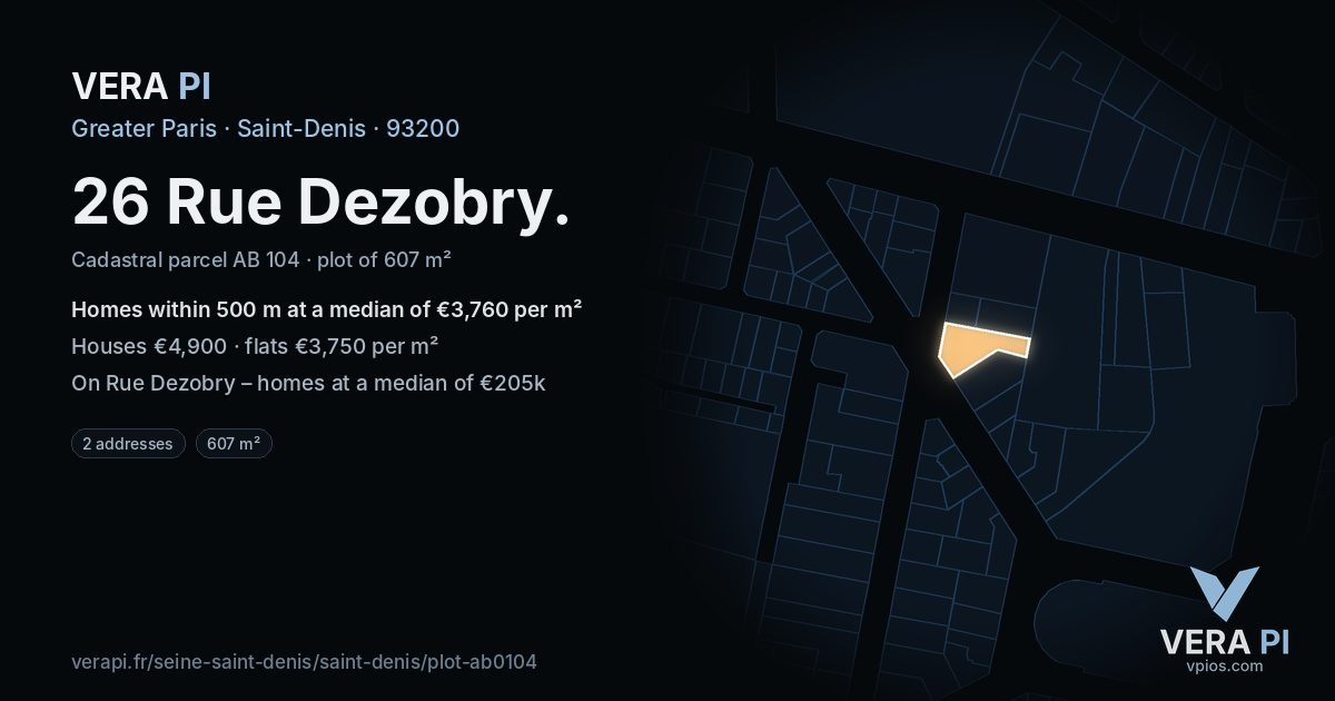 26 Rue Dezobry, Saint-Denis at night – the plot lit, the parcels around coloured by the prices near them
