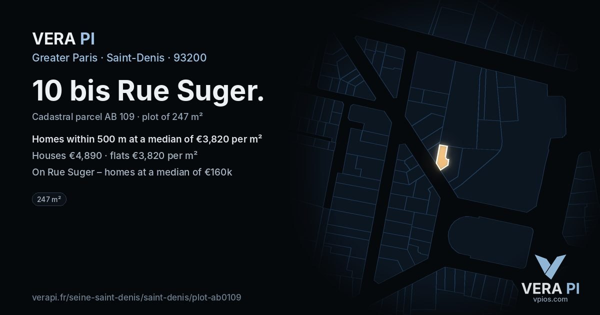 10 bis Rue Suger, Saint-Denis at night – the plot lit, the parcels around coloured by the prices near them