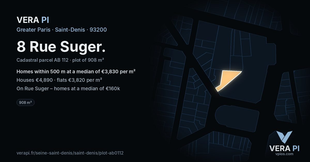 8 Rue Suger, Saint-Denis at night – the plot lit, the parcels around coloured by the prices near them