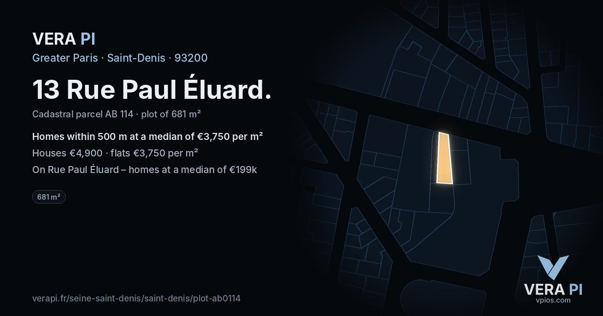 13 Rue Paul Éluard, Saint-Denis at night – the plot lit, the parcels around coloured by the prices near them