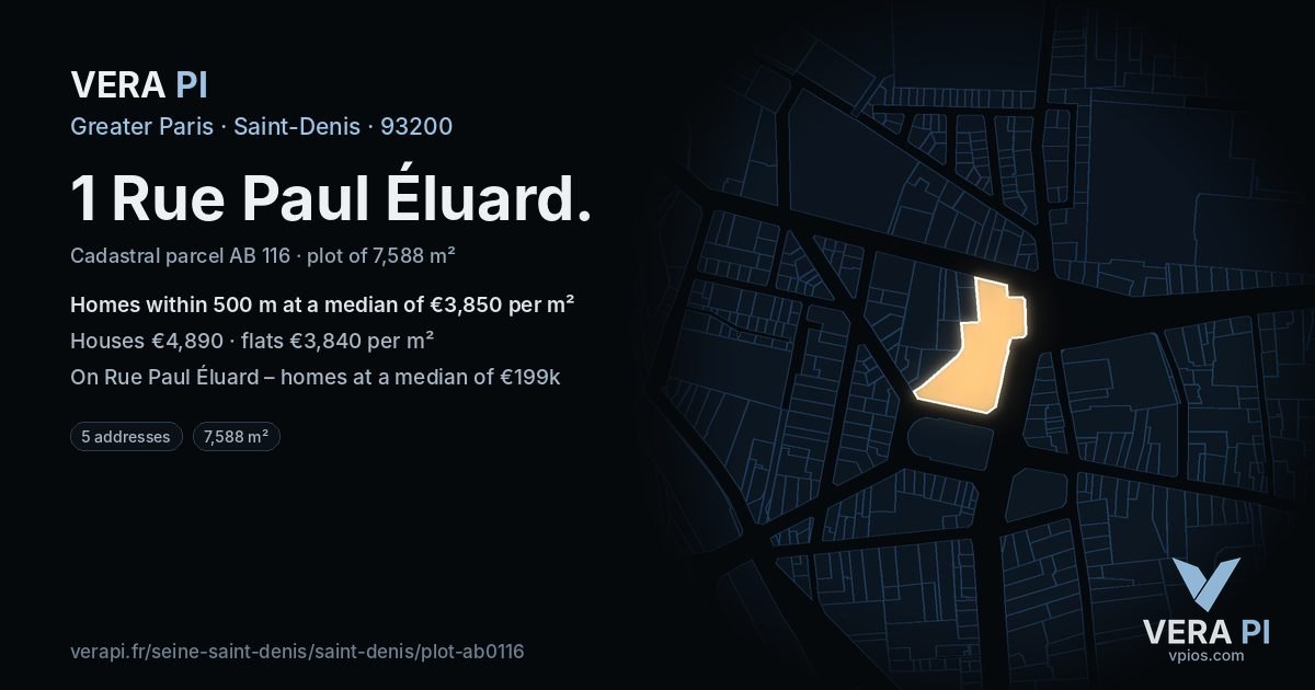 1 Rue Paul Éluard, Saint-Denis at night – the plot lit, the parcels around coloured by the prices near them