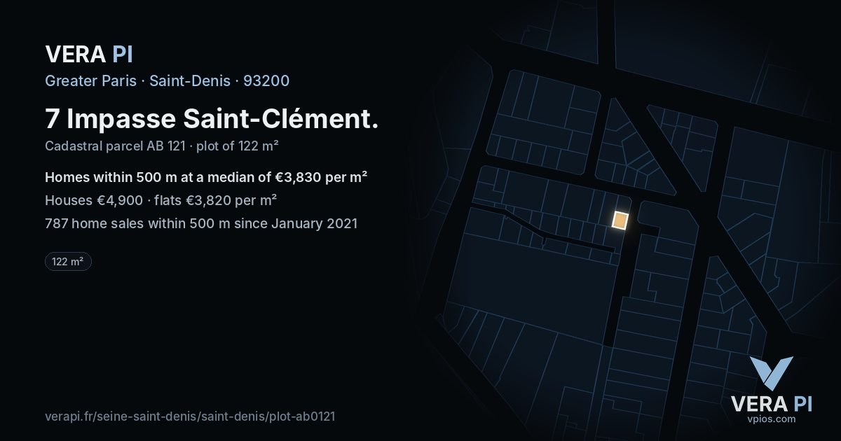 7 Impasse Saint-Clément, Saint-Denis at night – the plot lit, the parcels around coloured by the prices near them