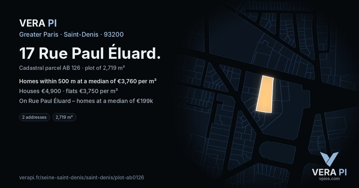 17 Rue Paul Éluard, Saint-Denis at night – the plot lit, the parcels around coloured by the prices near them
