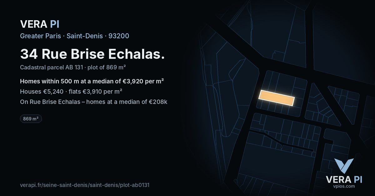 34 Rue Brise Echalas, Saint-Denis at night – the plot lit, the parcels around coloured by the prices near them