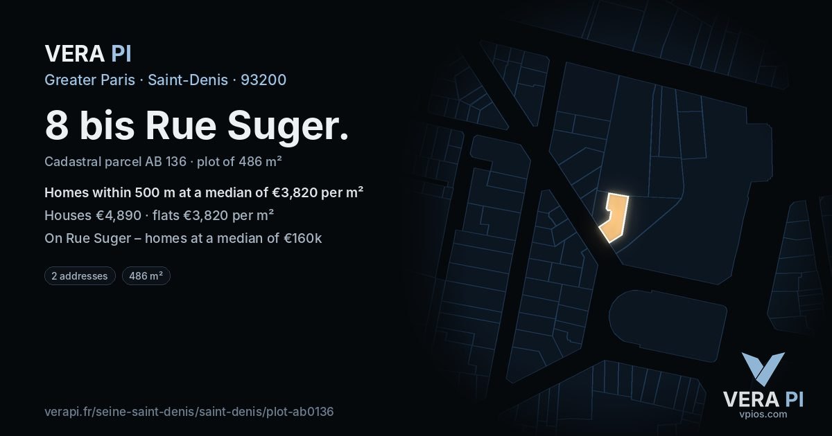 8 bis Rue Suger, Saint-Denis at night – the plot lit, the parcels around coloured by the prices near them