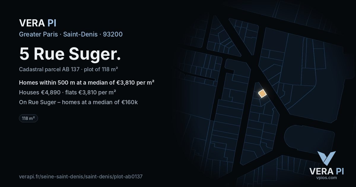 5 Rue Suger, Saint-Denis at night – the plot lit, the parcels around coloured by the prices near them