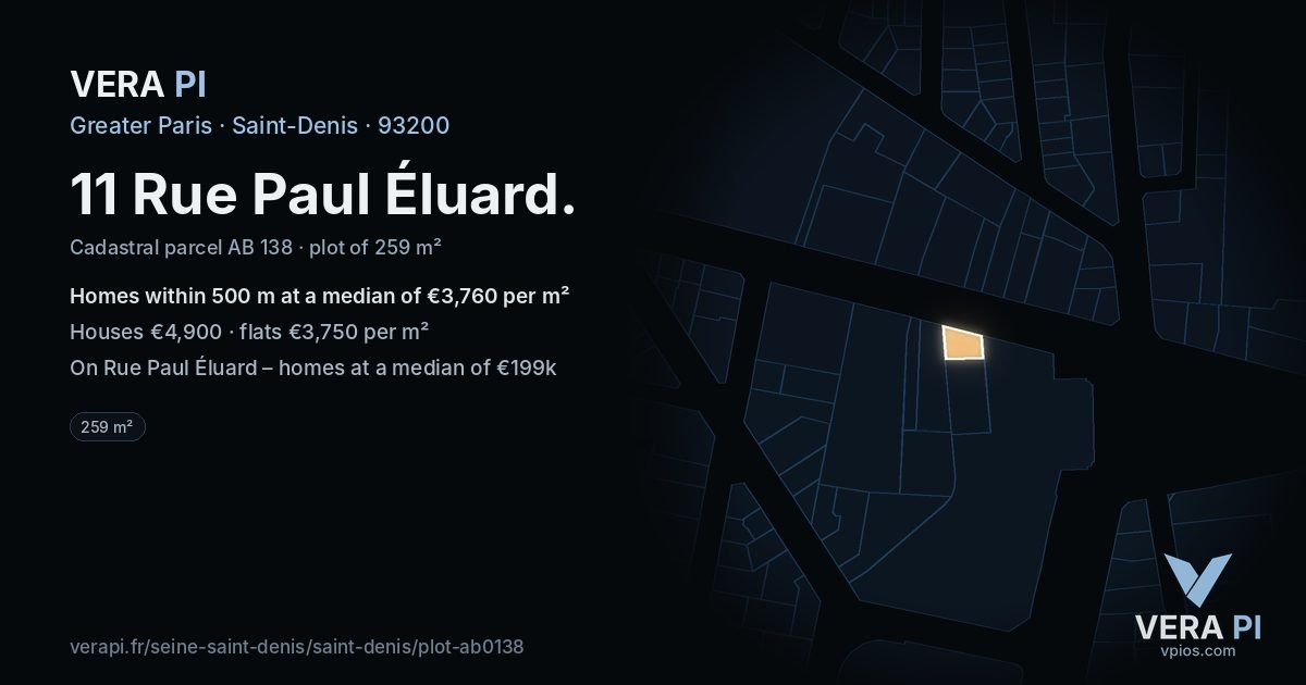11 Rue Paul Éluard, Saint-Denis at night – the plot lit, the parcels around coloured by the prices near them