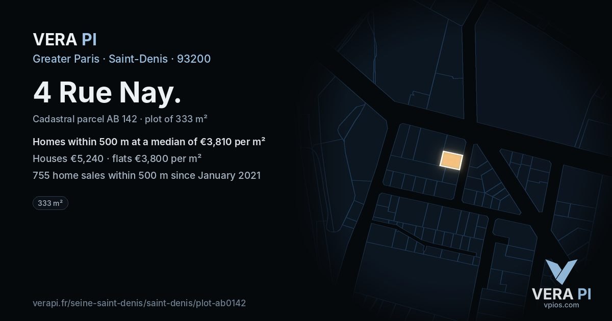 4 Rue Nay, Saint-Denis at night – the plot lit, the parcels around coloured by the prices near them
