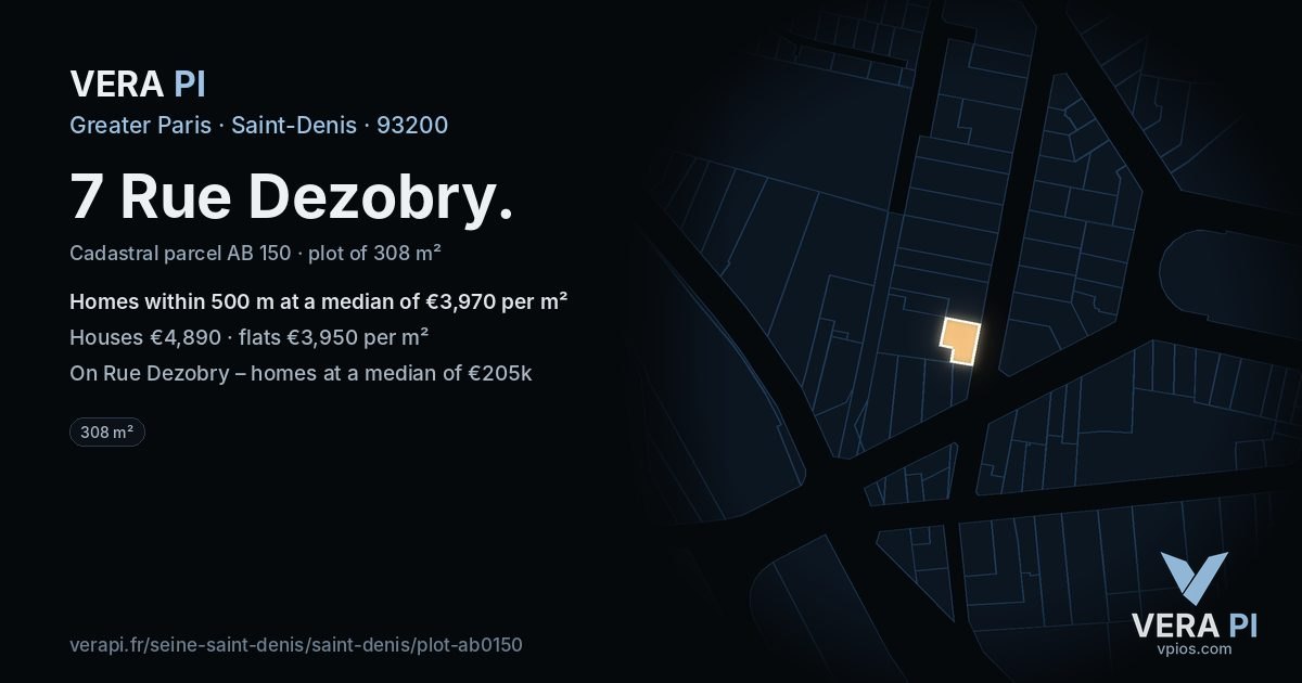 7 Rue Dezobry, Saint-Denis at night – the plot lit, the parcels around coloured by the prices near them