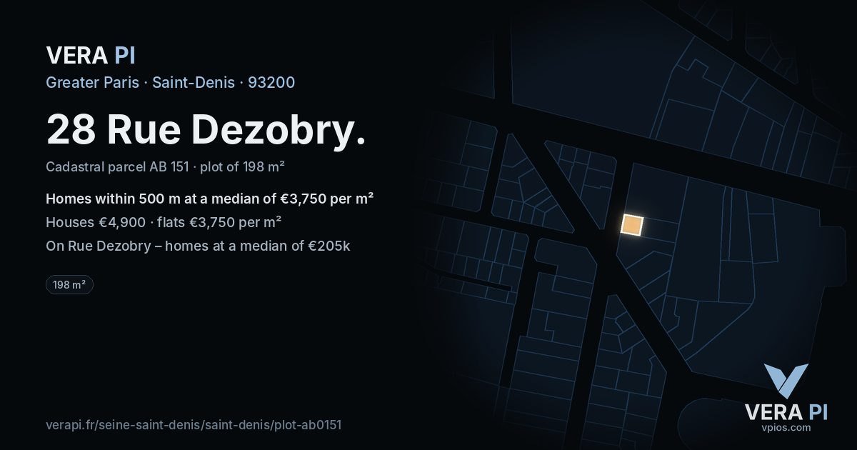 28 Rue Dezobry, Saint-Denis at night – the plot lit, the parcels around coloured by the prices near them
