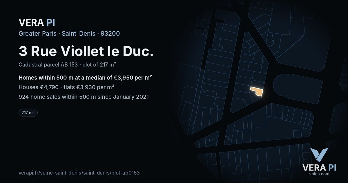 3 Rue Viollet le Duc, Saint-Denis at night – the plot lit, the parcels around coloured by the prices near them