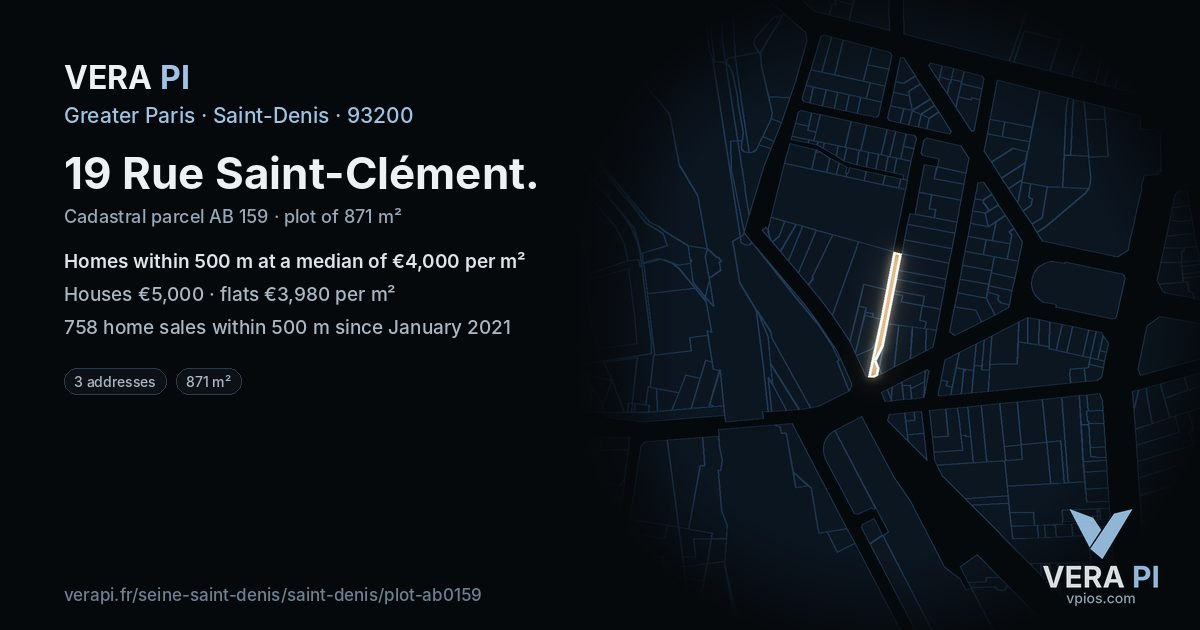 19 Rue Saint-Clément, Saint-Denis at night – the plot lit, the parcels around coloured by the prices near them