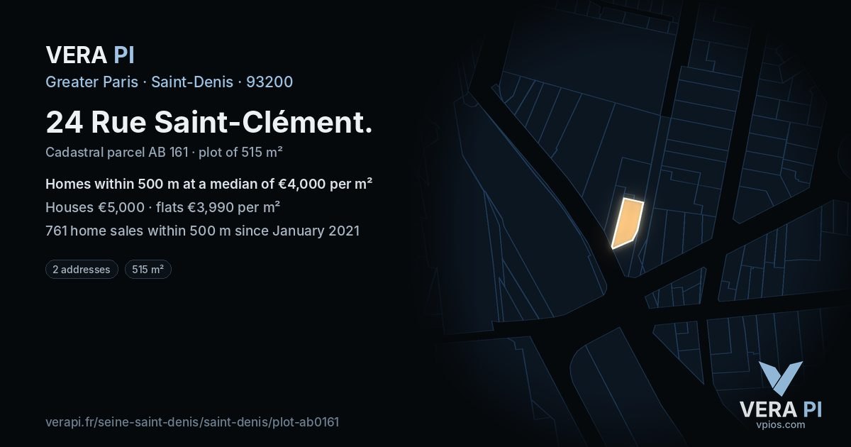 24 Rue Saint-Clément, Saint-Denis at night – the plot lit, the parcels around coloured by the prices near them