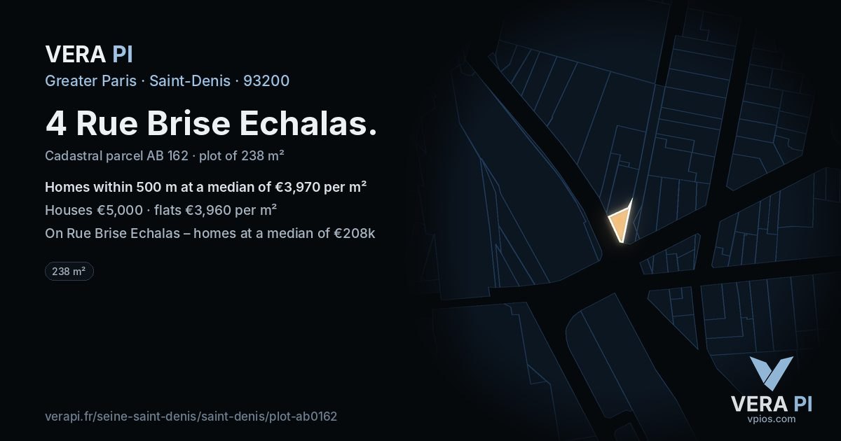 4 Rue Brise Echalas, Saint-Denis at night – the plot lit, the parcels around coloured by the prices near them