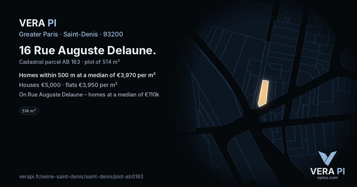 16 Rue Auguste Delaune, Saint-Denis at night – the plot lit, the parcels around coloured by the prices near them