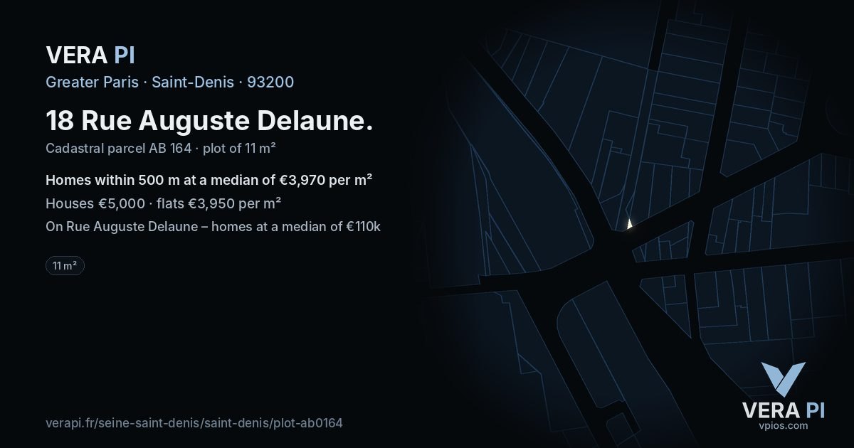 18 Rue Auguste Delaune, Saint-Denis at night – the plot lit, the parcels around coloured by the prices near them