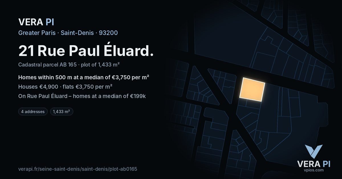 21 Rue Paul Éluard, Saint-Denis at night – the plot lit, the parcels around coloured by the prices near them