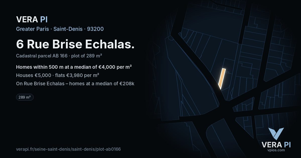 6 Rue Brise Echalas, Saint-Denis at night – the plot lit, the parcels around coloured by the prices near them