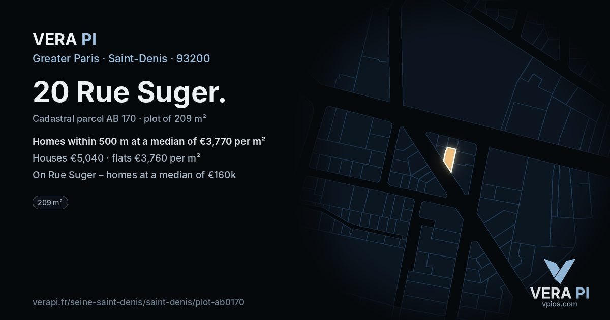 20 Rue Suger, Saint-Denis at night – the plot lit, the parcels around coloured by the prices near them