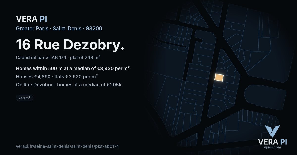 16 Rue Dezobry, Saint-Denis at night – the plot lit, the parcels around coloured by the prices near them