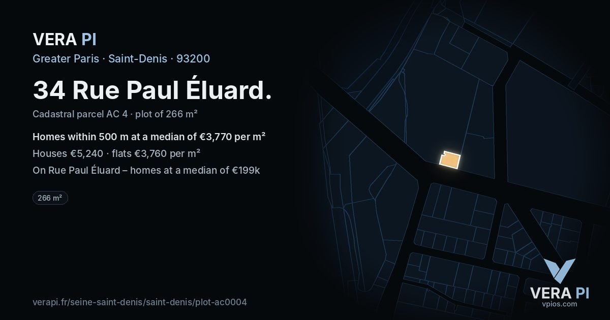 34 Rue Paul Éluard, Saint-Denis at night – the plot lit, the parcels around coloured by the prices near them
