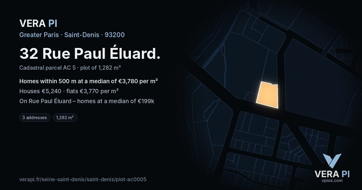 32 Rue Paul Éluard, Saint-Denis at night – the plot lit, the parcels around coloured by the prices near them