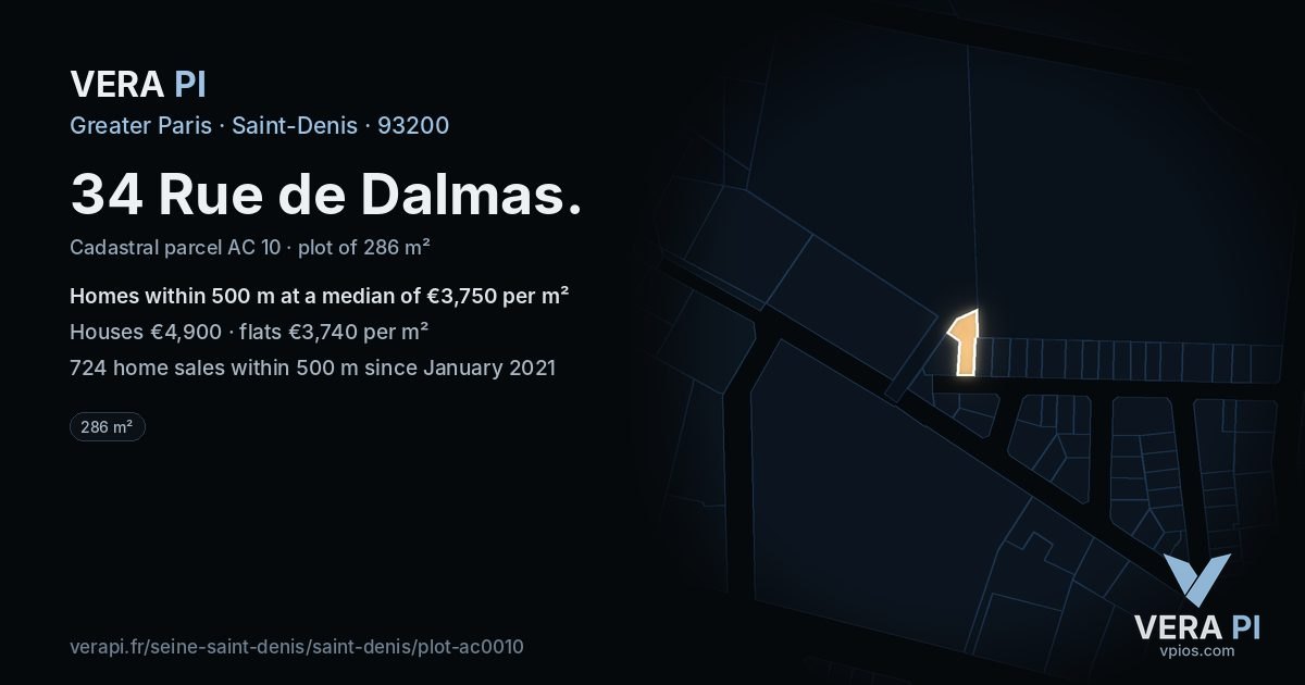 34 Rue de Dalmas, Saint-Denis at night – the plot lit, the parcels around coloured by the prices near them