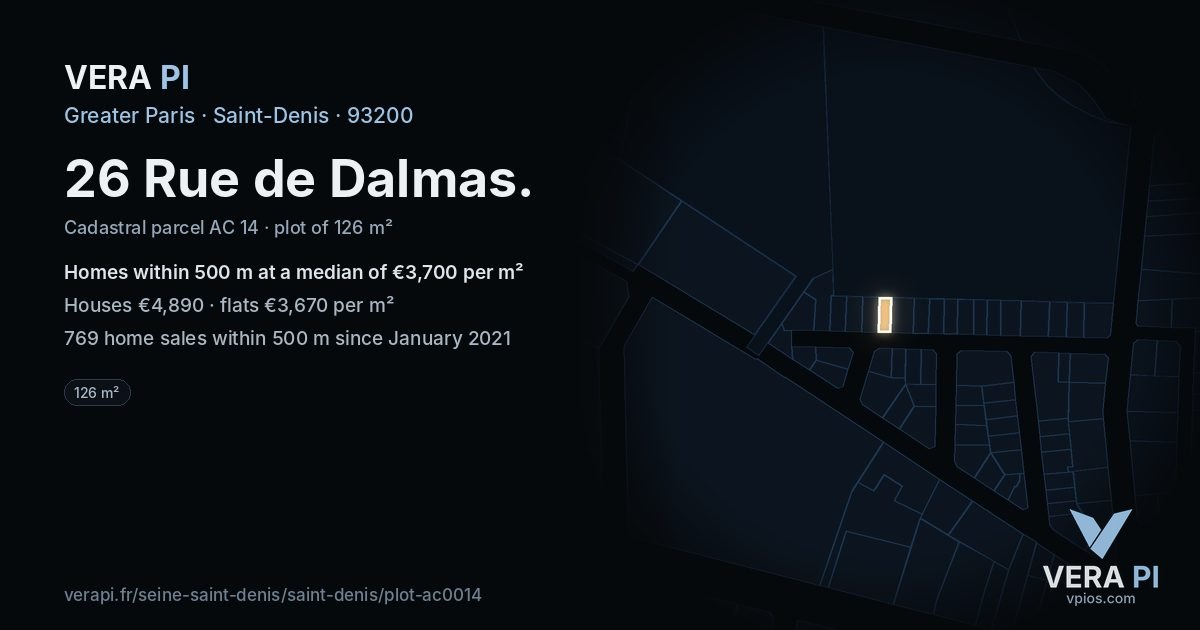 26 Rue de Dalmas, Saint-Denis at night – the plot lit, the parcels around coloured by the prices near them