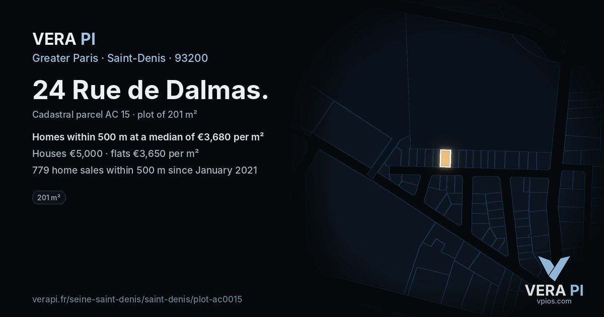 24 Rue de Dalmas, Saint-Denis at night – the plot lit, the parcels around coloured by the prices near them