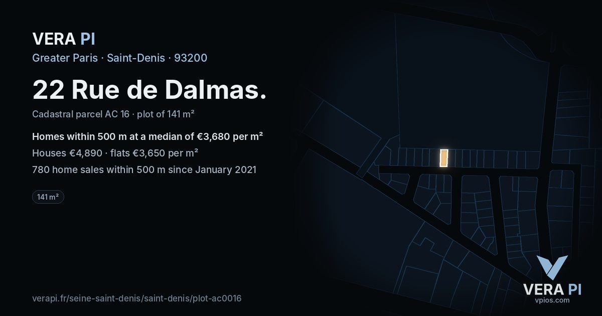 22 Rue de Dalmas, Saint-Denis at night – the plot lit, the parcels around coloured by the prices near them