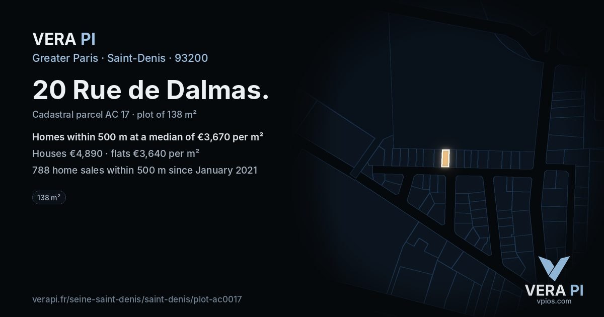 20 Rue de Dalmas, Saint-Denis at night – the plot lit, the parcels around coloured by the prices near them