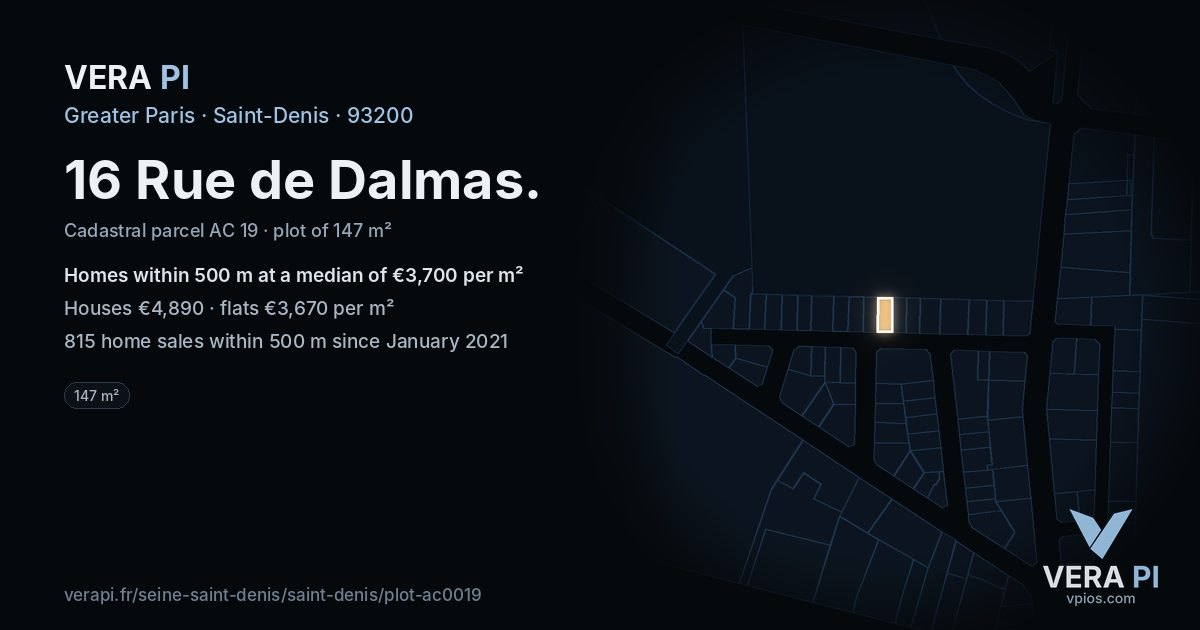 16 Rue de Dalmas, Saint-Denis at night – the plot lit, the parcels around coloured by the prices near them