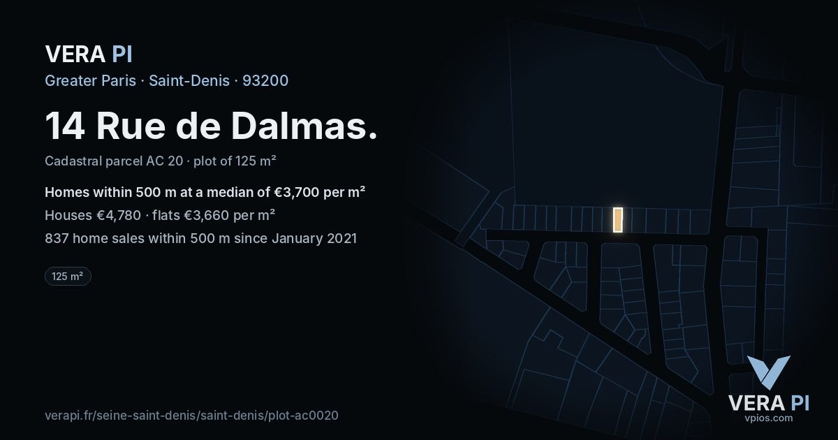 14 Rue de Dalmas, Saint-Denis at night – the plot lit, the parcels around coloured by the prices near them