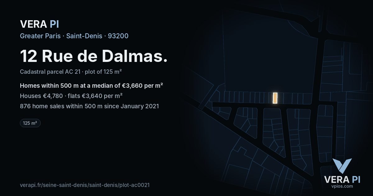 12 Rue de Dalmas, Saint-Denis at night – the plot lit, the parcels around coloured by the prices near them