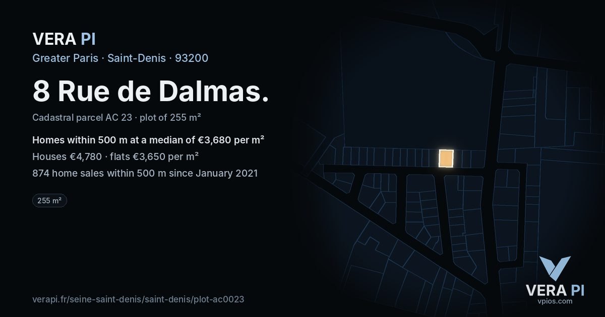 8 Rue de Dalmas, Saint-Denis at night – the plot lit, the parcels around coloured by the prices near them