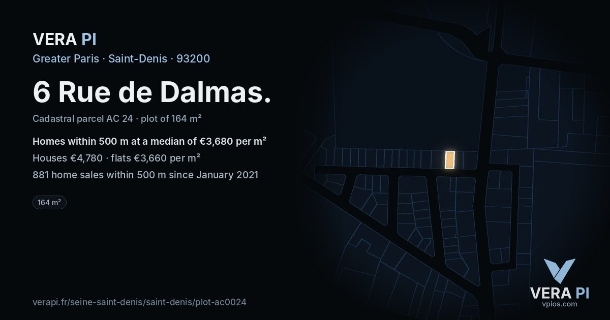 6 Rue de Dalmas, Saint-Denis at night – the plot lit, the parcels around coloured by the prices near them