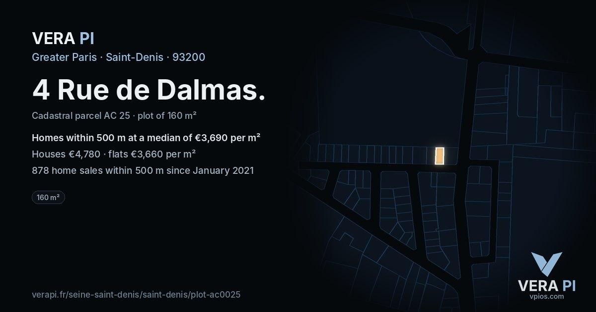 4 Rue de Dalmas, Saint-Denis at night – the plot lit, the parcels around coloured by the prices near them