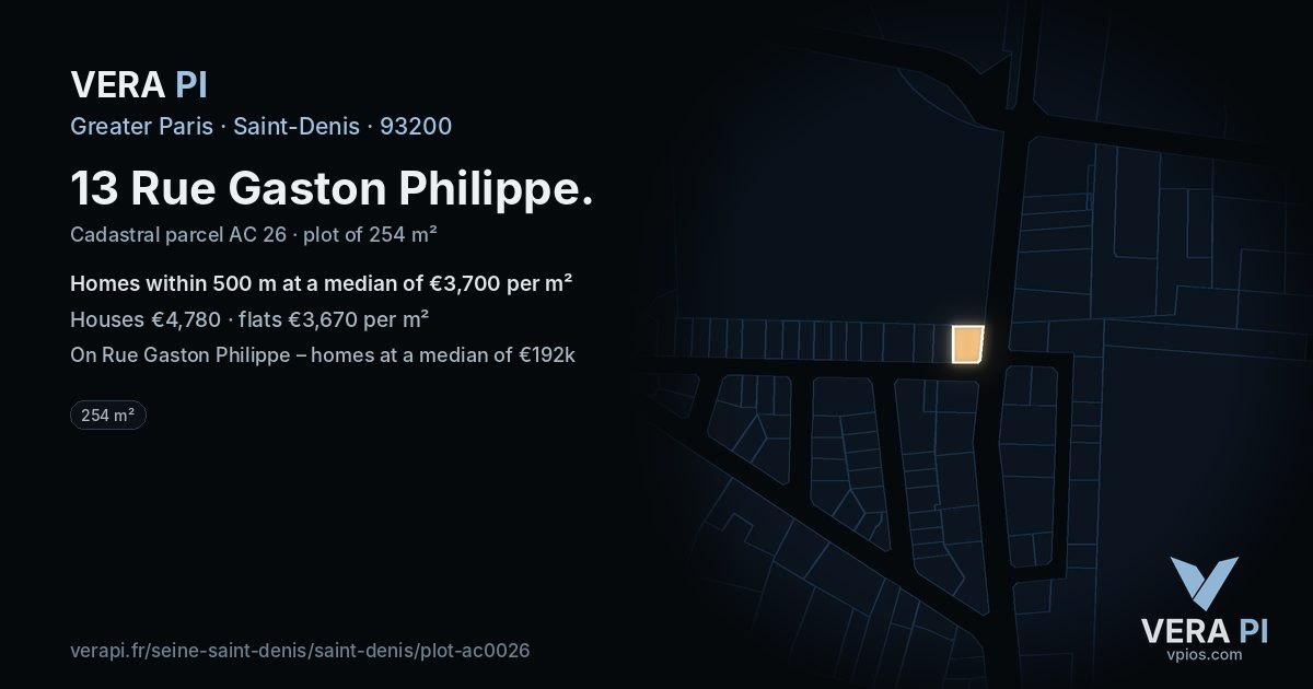 13 Rue Gaston Philippe, Saint-Denis at night – the plot lit, the parcels around coloured by the prices near them