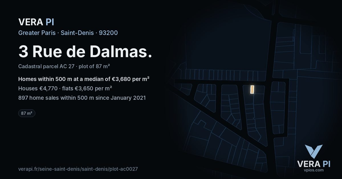 3 Rue de Dalmas, Saint-Denis at night – the plot lit, the parcels around coloured by the prices near them