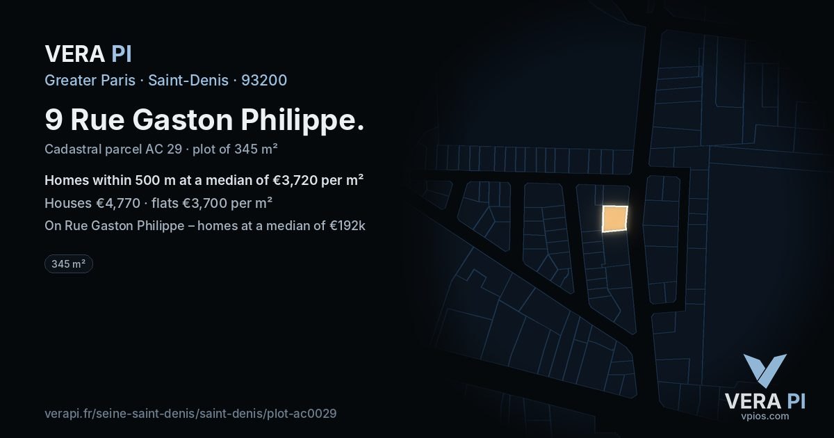 9 Rue Gaston Philippe, Saint-Denis at night – the plot lit, the parcels around coloured by the prices near them