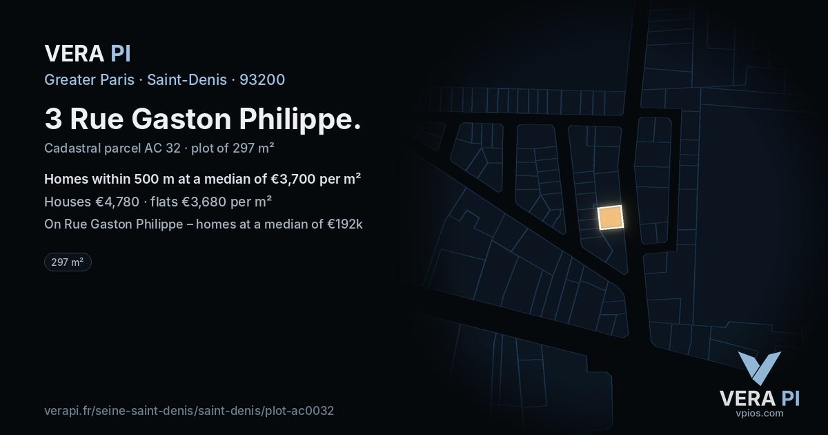 3 Rue Gaston Philippe, Saint-Denis at night – the plot lit, the parcels around coloured by the prices near them
