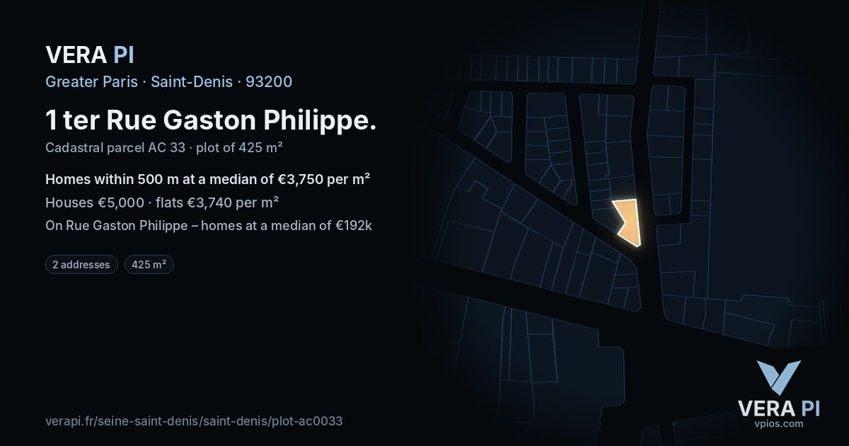 1 ter Rue Gaston Philippe, Saint-Denis at night – the plot lit, the parcels around coloured by the prices near them