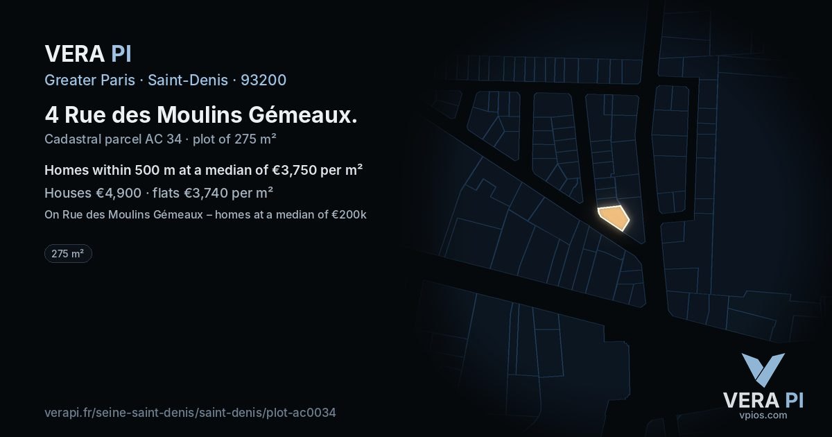 4 Rue des Moulins Gémeaux, Saint-Denis at night – the plot lit, the parcels around coloured by the prices near them