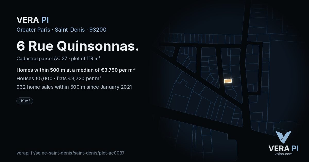 6 Rue Quinsonnas, Saint-Denis at night – the plot lit, the parcels around coloured by the prices near them