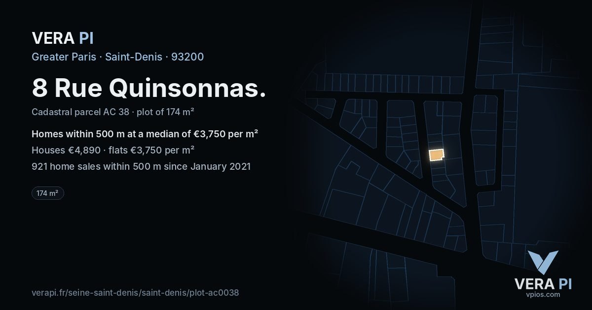 8 Rue Quinsonnas, Saint-Denis at night – the plot lit, the parcels around coloured by the prices near them