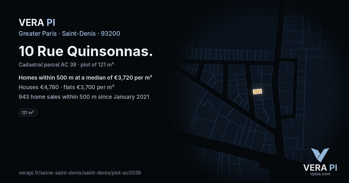 10 Rue Quinsonnas, Saint-Denis at night – the plot lit, the parcels around coloured by the prices near them