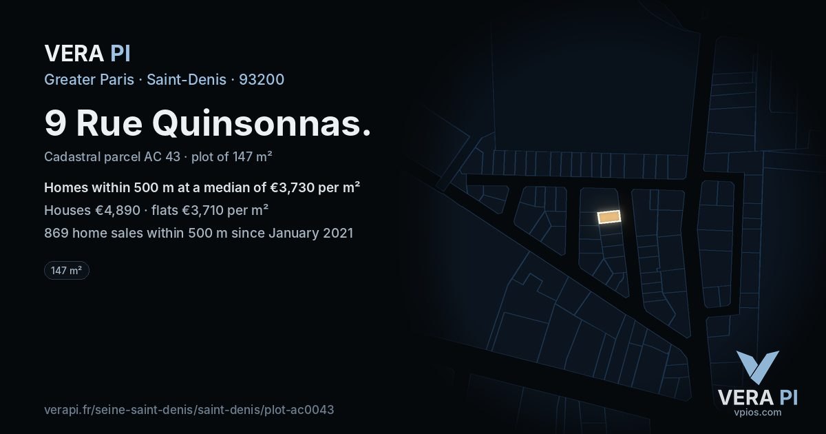 9 Rue Quinsonnas, Saint-Denis at night – the plot lit, the parcels around coloured by the prices near them