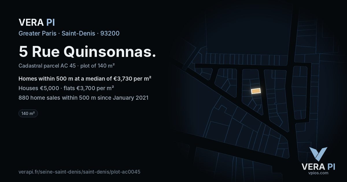 5 Rue Quinsonnas, Saint-Denis at night – the plot lit, the parcels around coloured by the prices near them